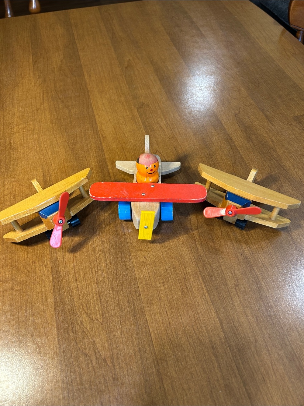 Mattel Wooden Toy Airplane Trio in Red, Blue, Yellow